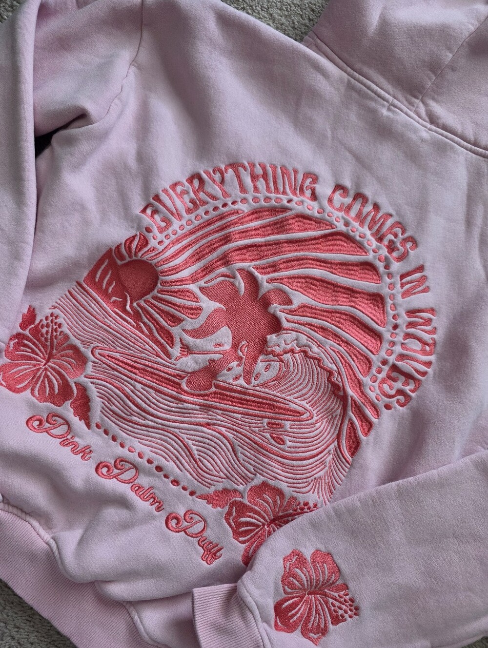 Pink Palm Puff Everything Comes in Waves Hoodie in Pink Large